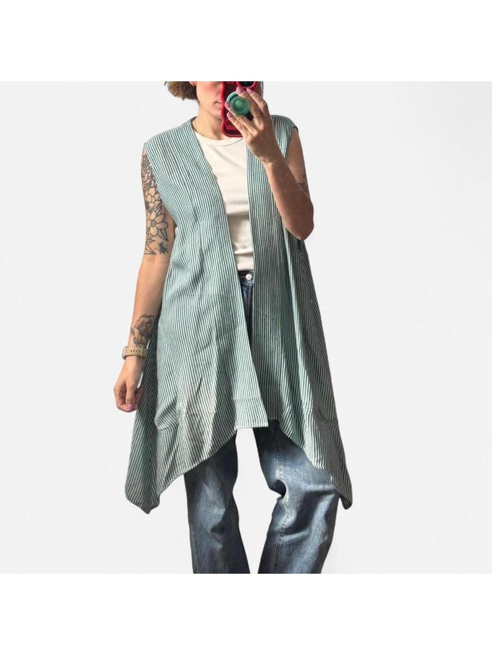 Green Striped Long Boho Vest